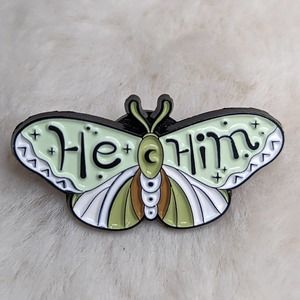 Pronoun Pin He/Him Green Butterfly Moth Enamel Pin